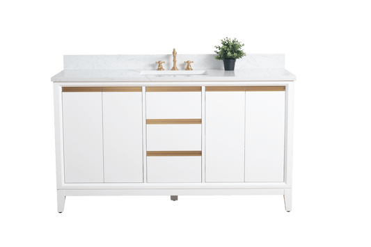 Vanity Art VA8060-SW 60 Inch Single Sink Bathroom Vanity in White with Marble Countertop - Vanity Art VA8060-SW