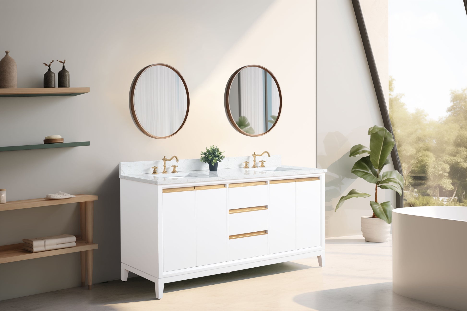 Vanity Art VA8072-DW 72 Inch Double Sink Bathroom Vanity in White with Marble Countertop - Vanity Art VA8072-DW