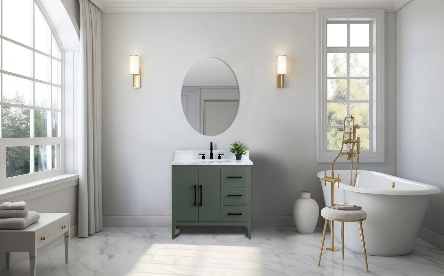 Vanity Art VA9036-VG 36 Inch Single Sink Bathroom Vanity in Vintage Green with Marble Countertop - Vanity Art VA9036-VG