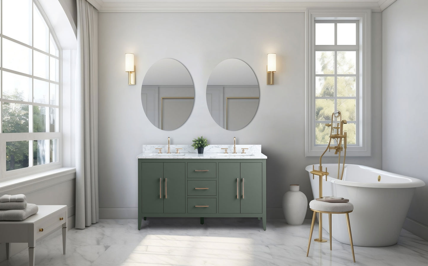 Vanity Art VA9060-DVG 60 Inch Double Sink Bathroom Vanity in Vintage Green with Marble Countertop - Vanity Art VA9060-DVG