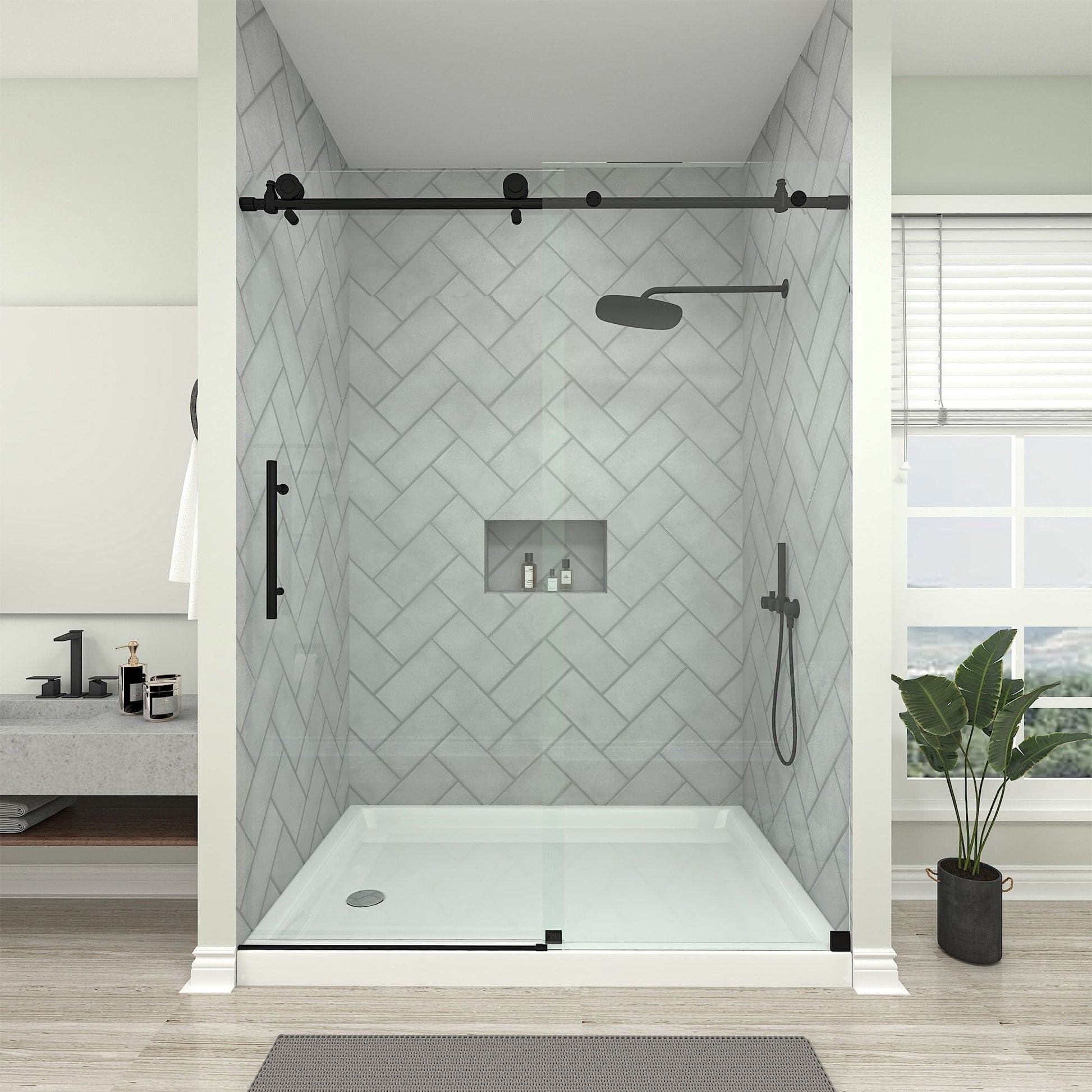 Vanity Art VASSD6076MB Matte Black 60 Inch x 76 Inch Frameless Single-Sliding Shower Door with Explosion-Proof Clear Glass - Vanity Art VASSD6076MB