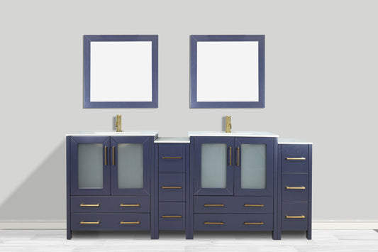 84 Inch Double Sink Bathroom Vanity in Blue with Ceramic Countertop - Vanity Art VA3030-84B