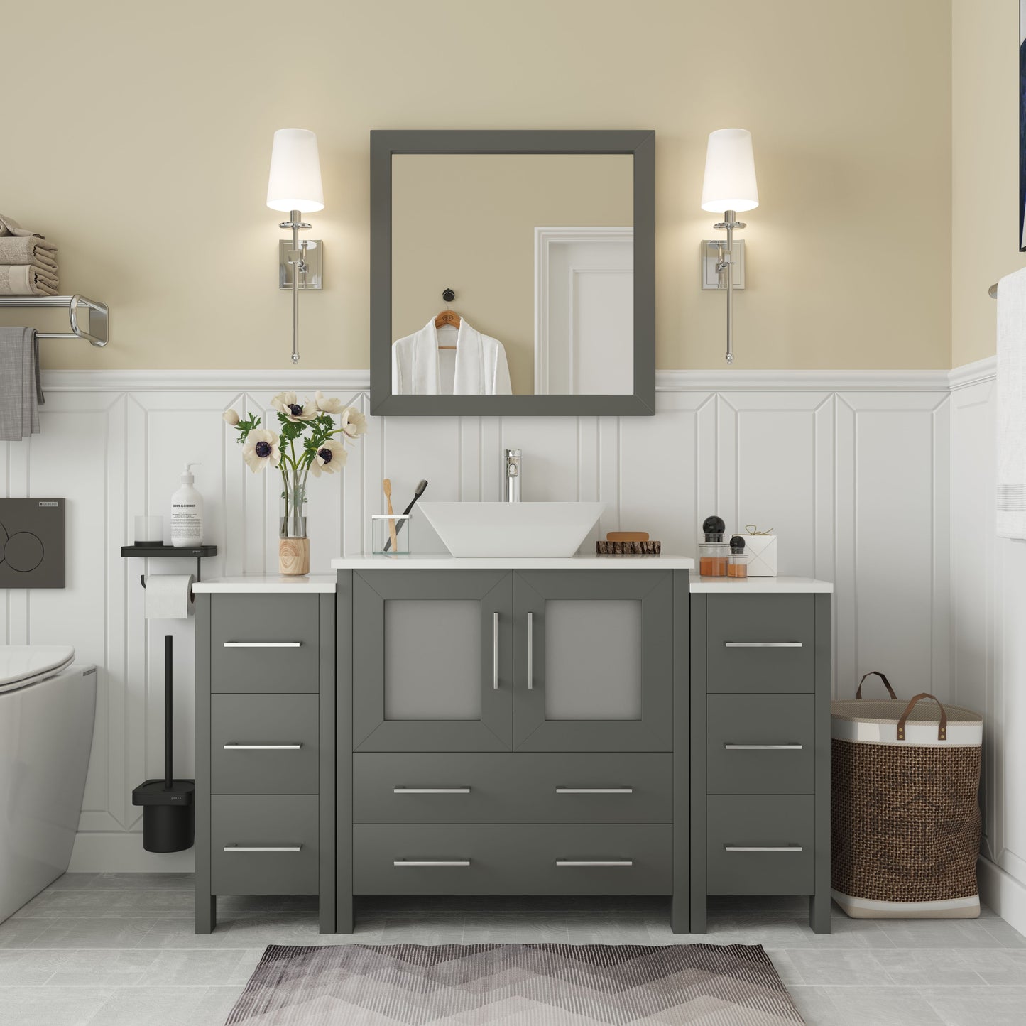 54 Inch Single Sink Bathroom Vanity in Gray with Marble Countertop - Vanity Art VA3130-54G