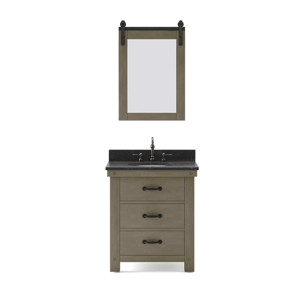 Water Creation AB30BL03GG-P24TL1203 ABERDEEN 30W x 34H Grizzle Gray Single-Sink Vanity with Blue Limestone Countertop + Hook Faucet and Mirror