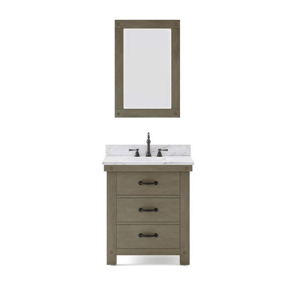 Water Creation AB30CW03GG-A24000000 ABERDEEN 30W x 34H Grizzle Gray Single-Sink Vanity with Carrara White Marble Countertop + Mirror