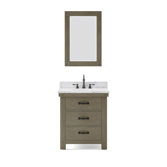 Water Creation AB30CW03GG-A24BX1203 ABERDEEN 30"W x 34"H Grizzle Gray Single-Sink Vanity with Carrara White Marble Countertop + Faucet & Mirror