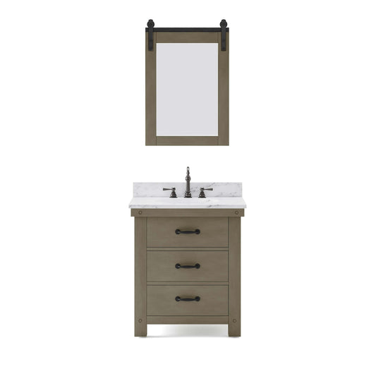 Water Creation AB30CW03GG-P24TL1203 ABERDEEN 30"W x 34"H Grizzle Gray Single-Sink Vanity with Carrara White Marble Countertop + Hook Faucet and Mirror