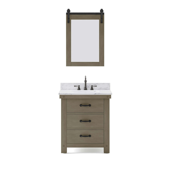 Water Creation AB30CW03GG-P24TL1203 ABERDEEN 30W x 34H Grizzle Gray Single-Sink Vanity with Carrara White Marble Countertop + Hook Faucet and Mirror