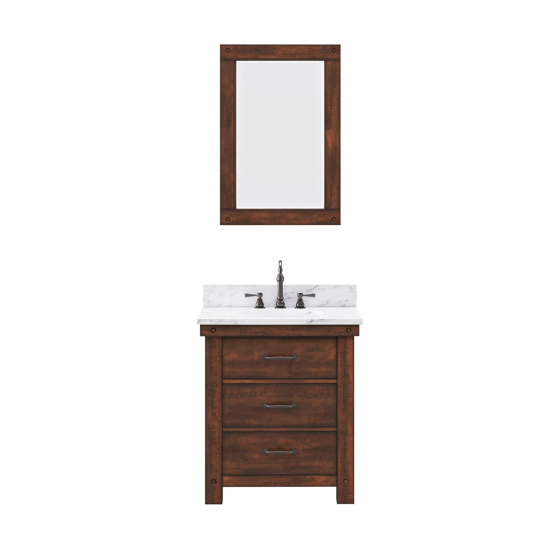 Water Creation AB30CW03RS-A24000000 ABERDEEN 30"W x 34"H Sierra Rustic Single-Sink Vanity with Carrara White Marble Countertop + Mirror (A)