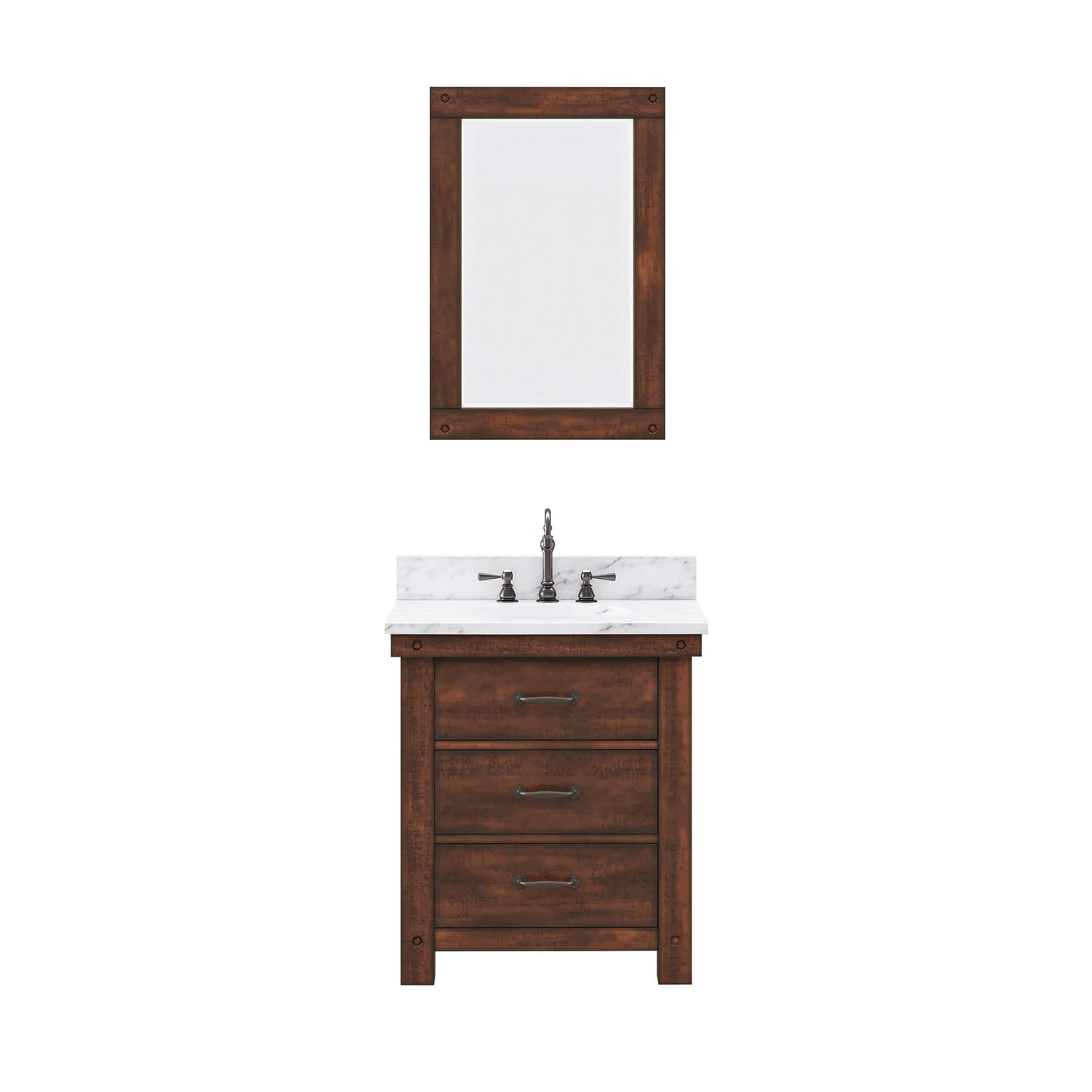 Water Creation AB30CW03RS-A24000000 ABERDEEN 30"W x 34"H Sierra Rustic Single-Sink Vanity with Carrara White Marble Countertop + Mirror (A)