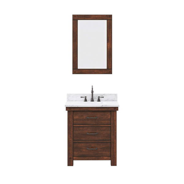 Water Creation AB30CW03RS-A24000000 ABERDEEN 30W x 34H Sierra Rustic Single-Sink Vanity with Carrara White Marble Countertop + Mirror (A)