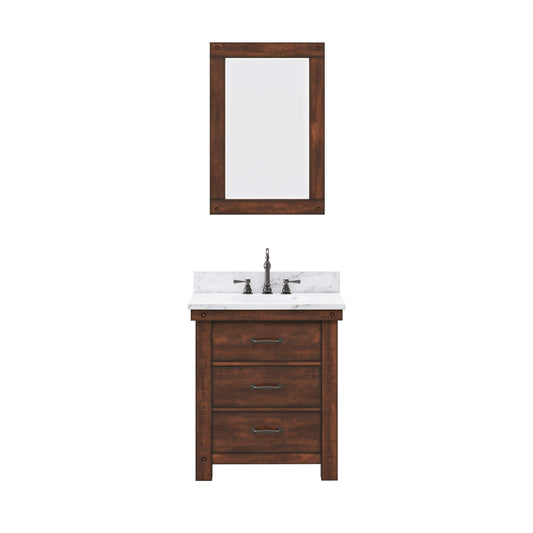 Water Creation AB30CW03RS-A24TL1203 ABERDEEN 30"W x 34"H Sierra Rustic Single-Sink Vanity with Carrara White Marble Countertop + Hook Faucet and Mirror (A)