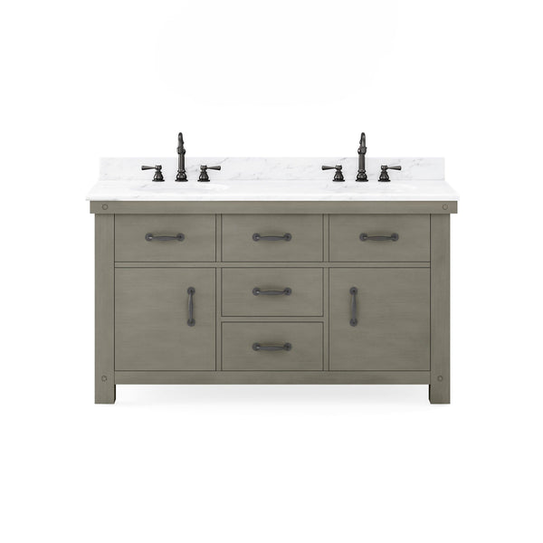 Water Creation AB60CW03GG-000000000 ABERDEEN 60W x 34H Grizzle Gray Double-Sink Vanity with Carrara White Marble Countertop (Vanity Only)