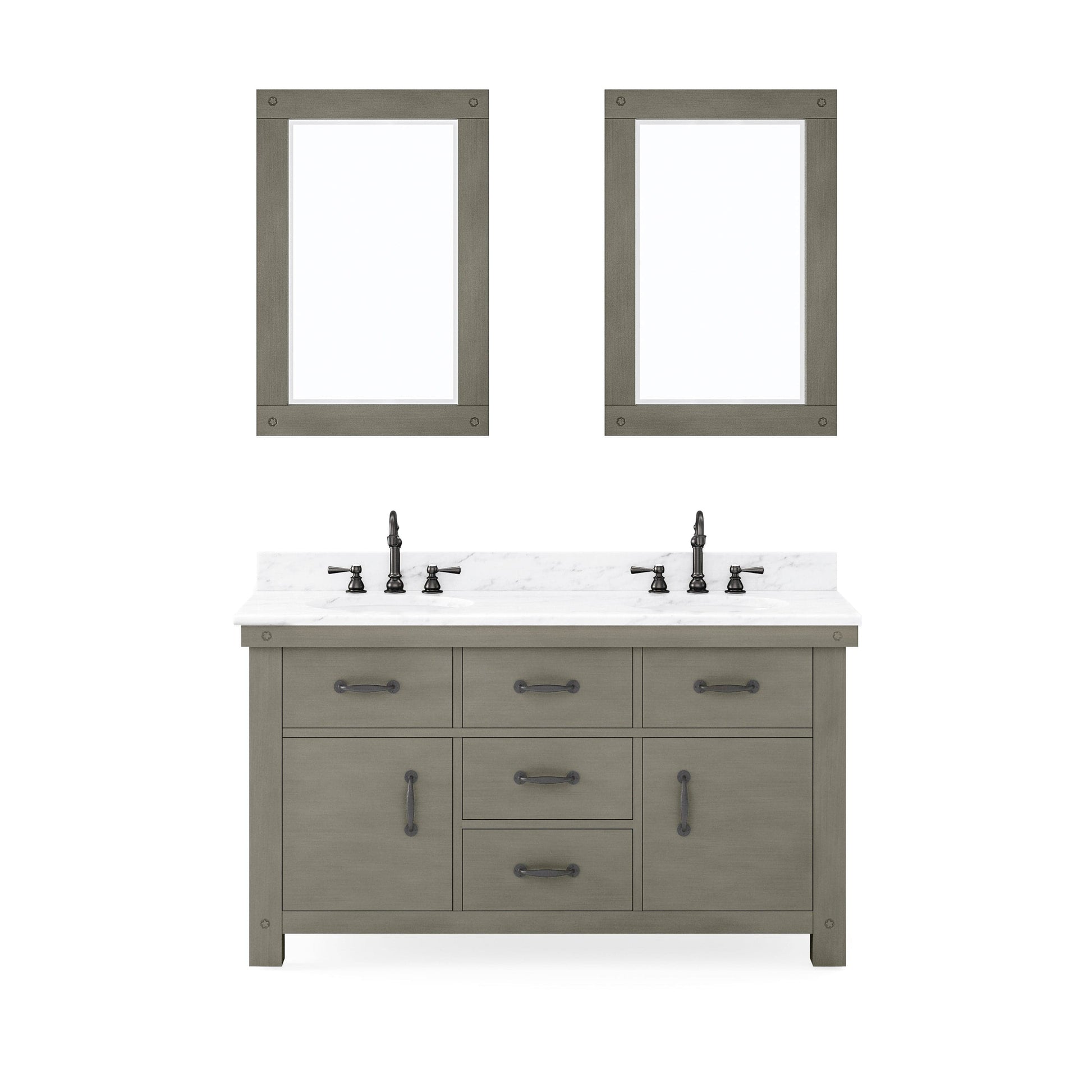 Water Creation AB60CW03GG-A24BX1203 ABERDEEN 60"W x 34"H Grizzle Gray Double-Sink Vanity with Carrara White Marble Countertop + Faucets & Mirrors