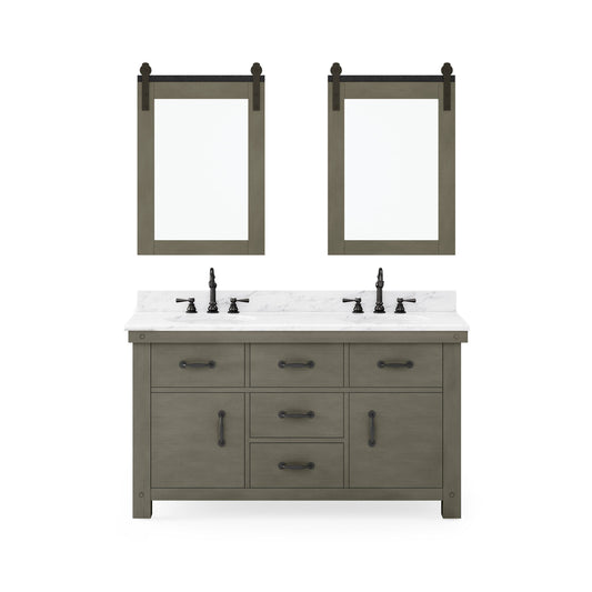 Water Creation AB60CW03GG-P24TL1203 ABERDEEN 60"W x 34"H Grizzle Gray Double-Sink Vanity with Carrara White Marble Countertop + Hook Faucets and Mirror