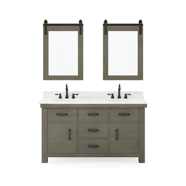 Water Creation AB60CW03GG-P24TL1203 ABERDEEN 60W x 34H Grizzle Gray Double-Sink Vanity with Carrara White Marble Countertop + Hook Faucets and Mirror