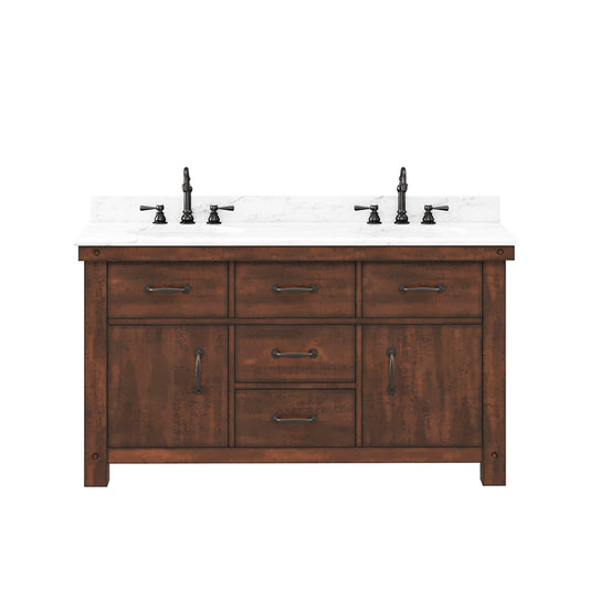 Water Creation AB60CW03RS-000000000 ABERDEEN 60"W x 34"H Sierra Rustic Double-Sink Vanity with Carrara White Marble Countertop (Vanity Only)