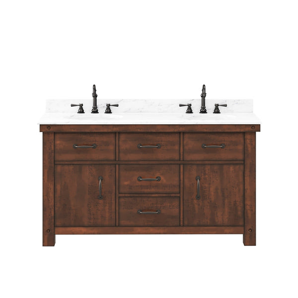 Water Creation AB60CW03RS-000000000 ABERDEEN 60W x 34H Sierra Rustic Double-Sink Vanity with Carrara White Marble Countertop (Vanity Only)