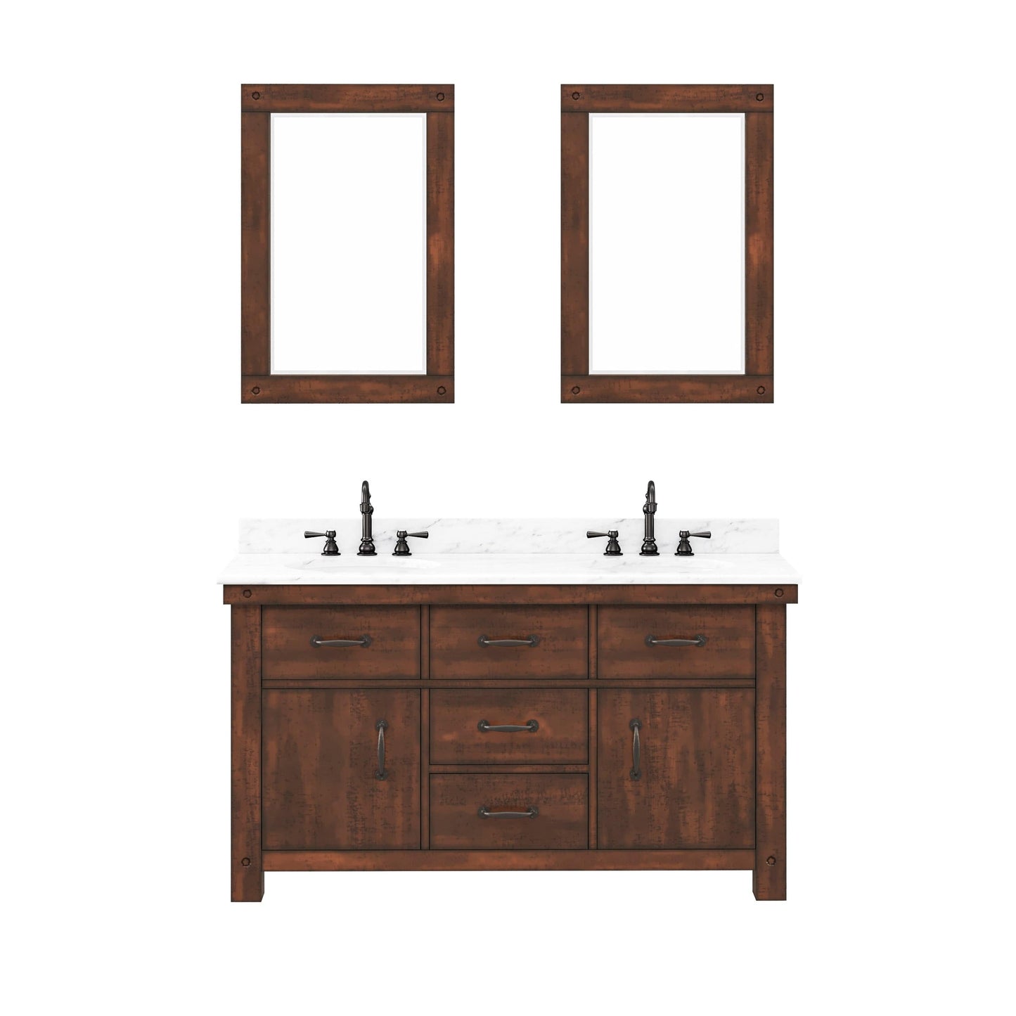 Water Creation AB60CW03RS-A24000000 ABERDEEN 60"W x 34"H Sierra Rustic Double-Sink Vanity with Carrara White Marble Countertop + Mirrors (A)