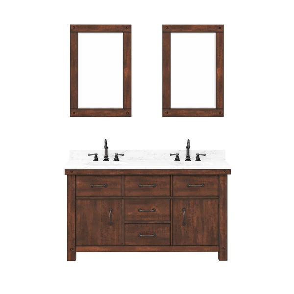 Water Creation AB60CW03RS-A24000000 ABERDEEN 60W x 34H Sierra Rustic Double-Sink Vanity with Carrara White Marble Countertop + Mirrors (A)