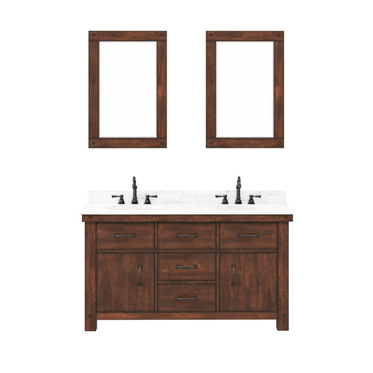 Water Creation AB60CW03RS-A24TL1203 ABERDEEN 60"W x 34"H Sierra Rustic Double-Sink Vanity with Carrara White Marble Countertop + Hook Faucets and Mirrors (A)