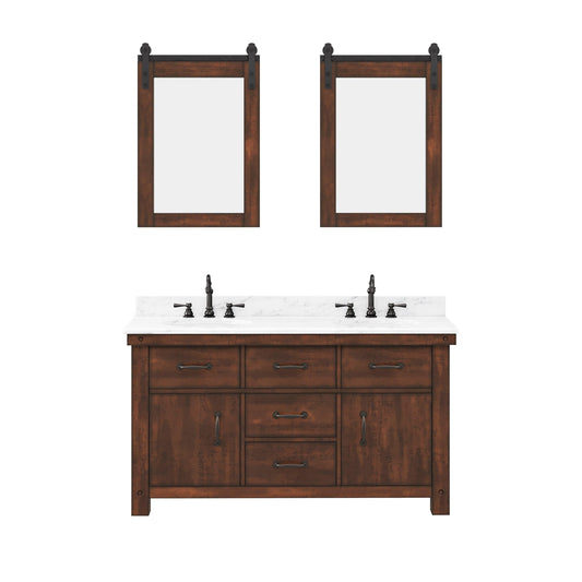 Water Creation AB60CW03RS-P24000000 ABERDEEN 60"W x 34"H Sierra Rustic Double-Sink Vanity with Carrara White Marble Countertop + Mirrors (B)