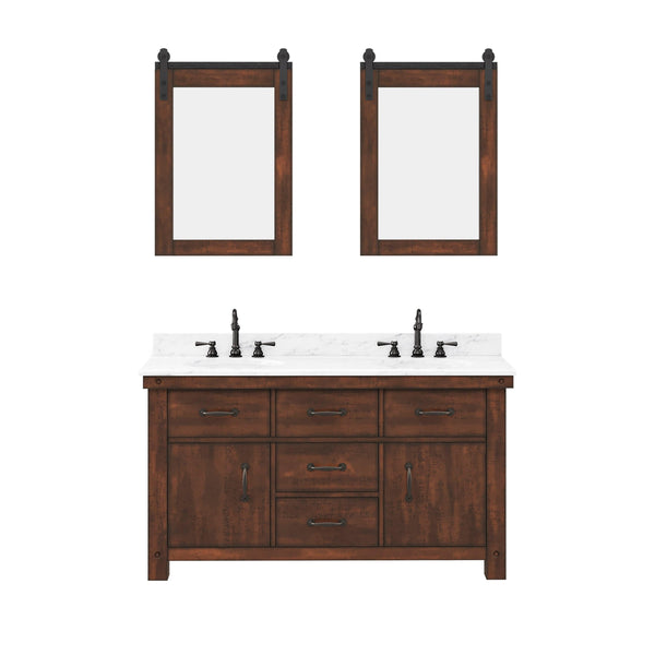 Water Creation AB60CW03RS-P24000000 ABERDEEN 60W x 34H Sierra Rustic Double-Sink Vanity with Carrara White Marble Countertop + Mirrors (B)