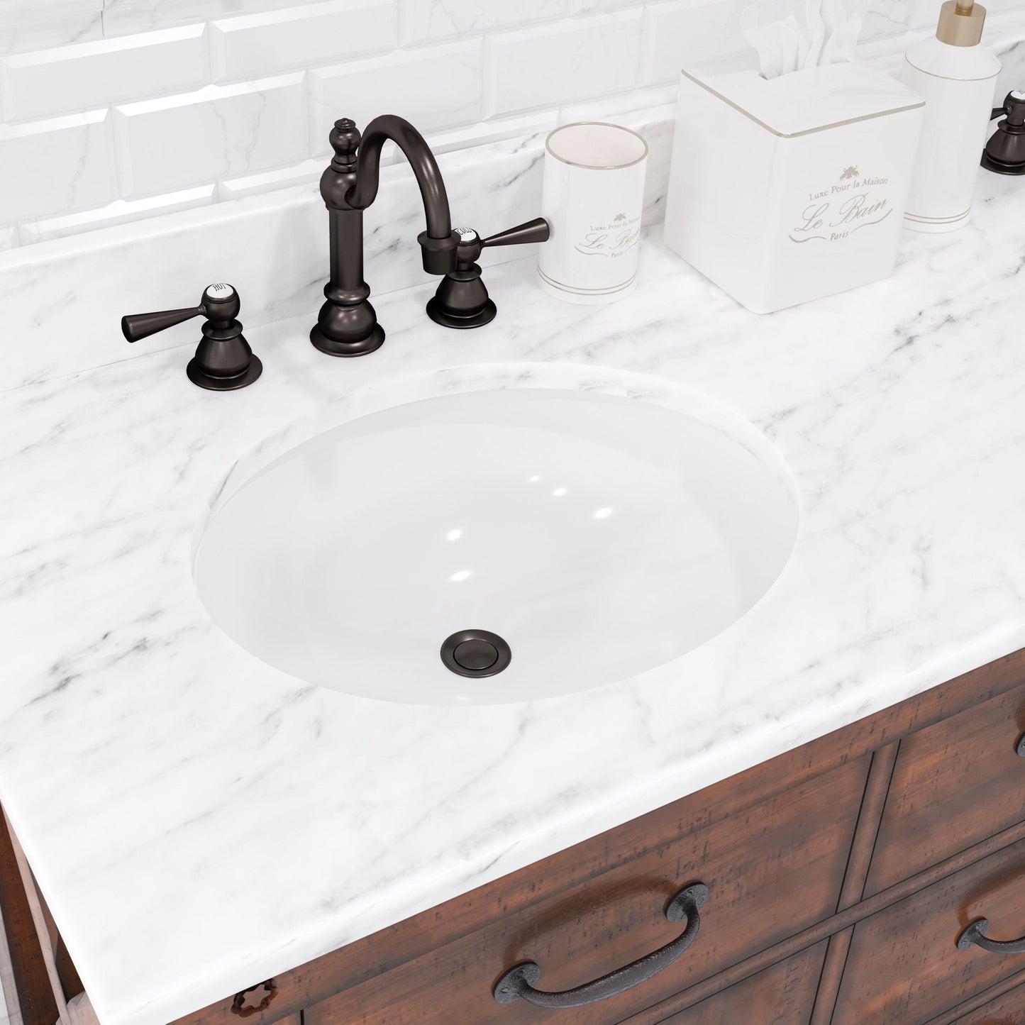 Water Creation AB60CW03RS-P24TL1203 ABERDEEN 60"W x 34"H Sierra Rustic Double-Sink Vanity with Carrara White Marble Countertop + Hook Faucets and Mirrors (B)