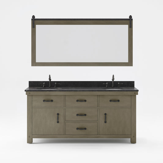 Water Creation AB72BL03GG-P72TL1203 ABERDEEN 72"W x 34"H Grizzle Gray Double-Sink Vanity with Blue Limestone Countertop + Hook Faucet and Mirror (B)