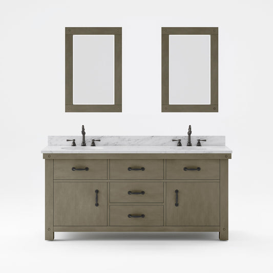 Water Creation AB72CW03GG-A24000000 ABERDEEN 72"W x 34"H Grizzle Gray Double-Sink Vanity with Carrara White Marble Countertop + Mirrors