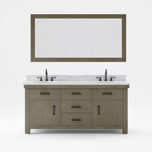 Water Creation AB72CW03GG-A72000000 ABERDEEN 72"W x 34"H Grizzle Gray Double-Sink Vanity with Carrara White Marble Countertop + Mirror