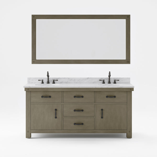 Water Creation AB72CW03GG-A72000000 ABERDEEN 72W x 34H Grizzle Gray Double-Sink Vanity with Carrara White Marble Countertop + Mirror