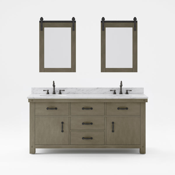 Water Creation AB72CW03GG-P24TL1203 ABERDEEN 72W x 34H Grizzle Gray Double-Sink Vanity with Carrara White Marble Countertop + Hook Faucets and Mirrors (A)