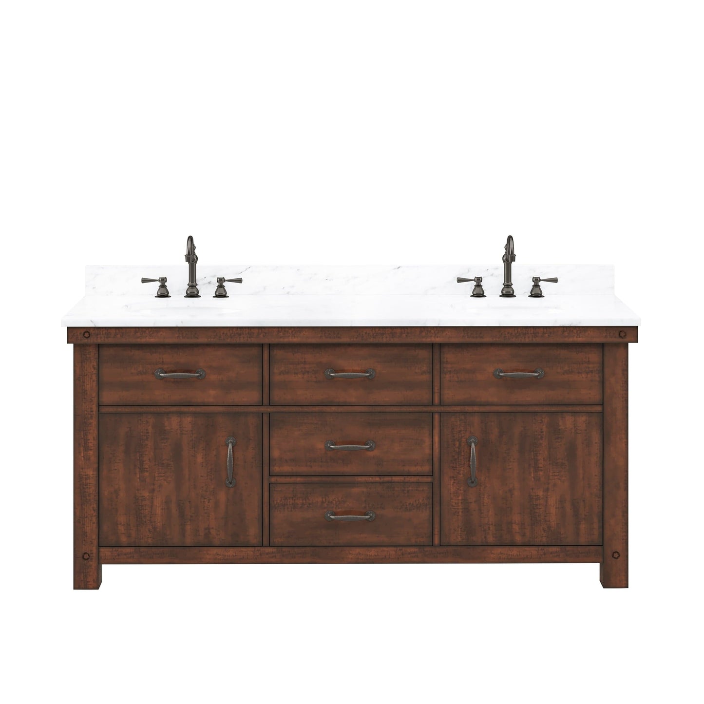 Water Creation AB72CW03RS-000TL1203 ABERDEEN 72"W x 34"H Sierra Rustic Double-Sink Vanity with Carrara White Marble Countertop + Hook Faucets