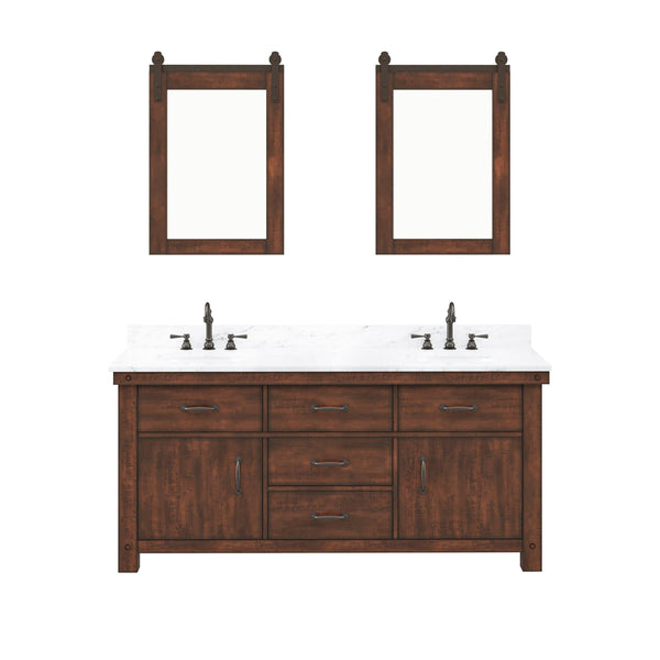 Water Creation AB72CW03RS-P24000000 ABERDEEN 72W x 34H Sierra Rustic Double-Sink Vanity with Carrara White Marble Countertop + Mirrors (B)