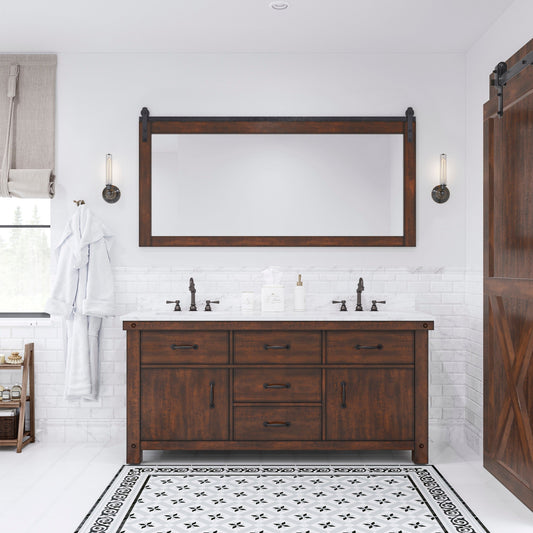 Water Creation AB72CW03RS-P72TL1203 ABERDEEN 72"W x 34"H Sierra Rustic Double-Sink Vanity with Carrara White Marble Countertop + Hook Faucets and Mirrors (C)