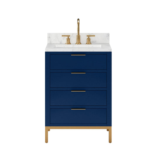 Water Creation BR24CW06MB-000BL1406 BRISTOL 24"W x 34"H Monarch Blue Single-Sink Vanity with Carrara White Marble Countertop + Satin Gold Gooseneck Faucet