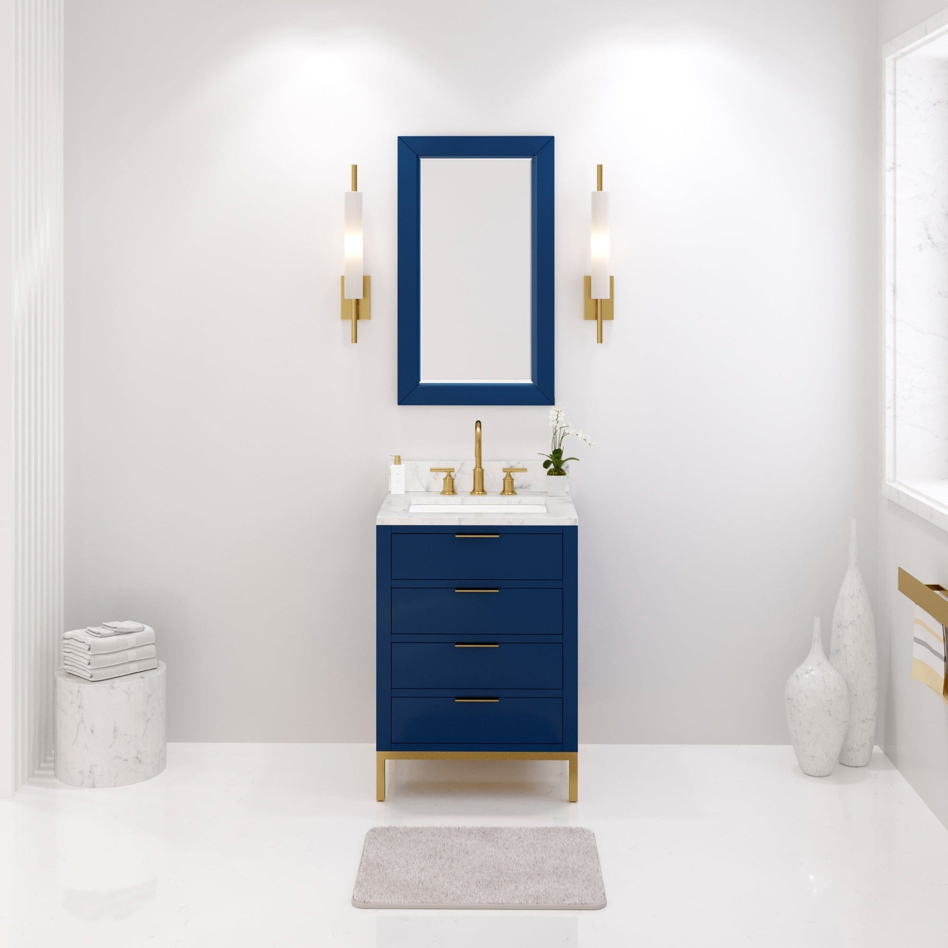 Water Creation BR24CW06MB-000BL1406 BRISTOL 24"W x 34"H Monarch Blue Single-Sink Vanity with Carrara White Marble Countertop + Satin Gold Gooseneck Faucet