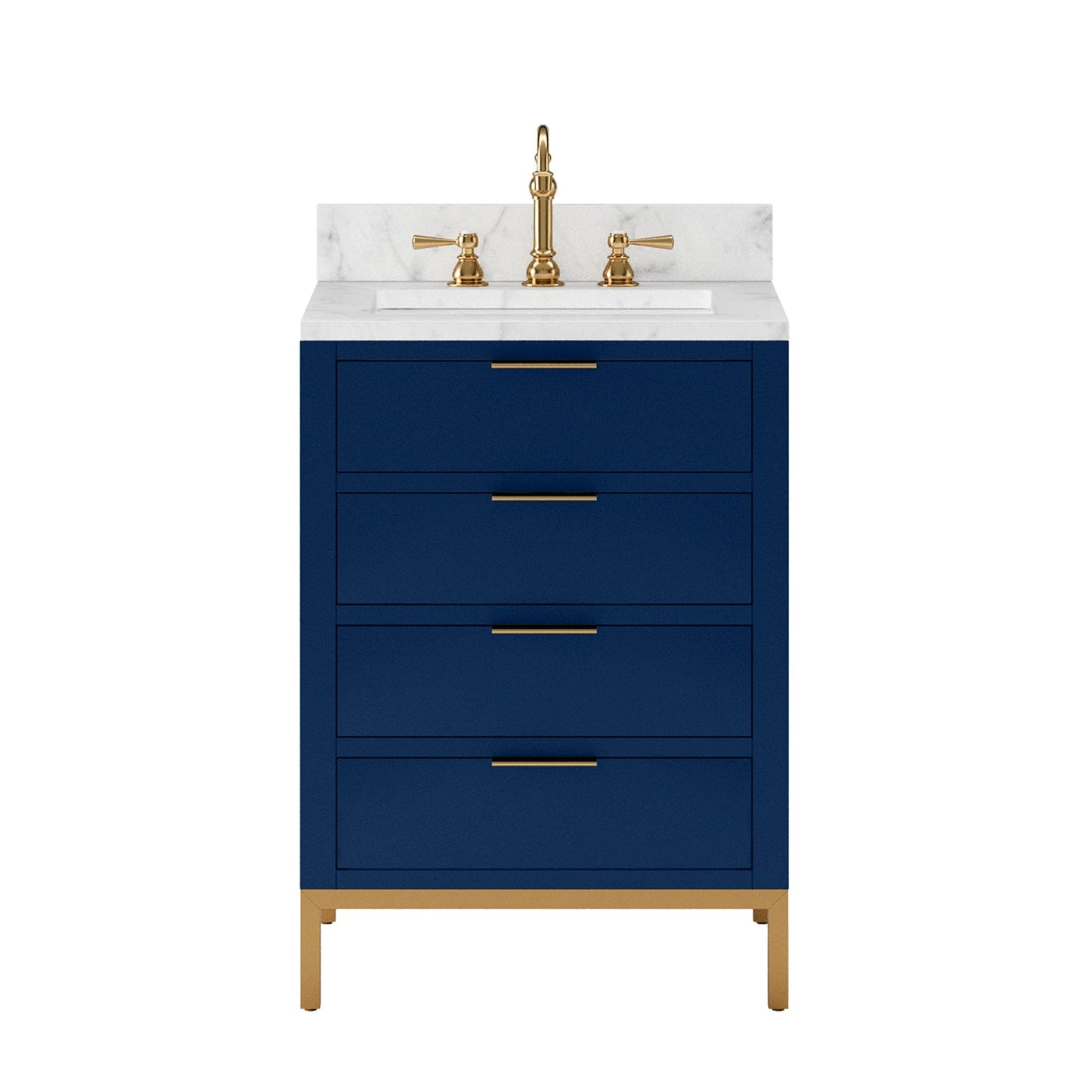 Water Creation BR24CW06MB-000TL1206 BRISTOL 24"W x 34"H Monarch Blue Single-Sink Vanity with Carrara White Marble Countertop + Satin Gold Hook Faucet