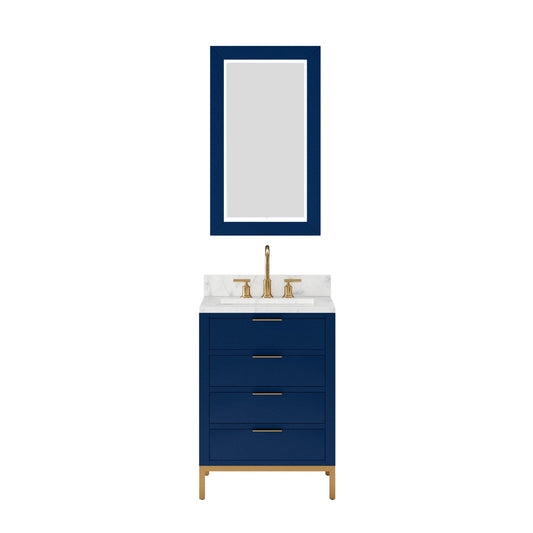 Water Creation BR24CW06MB-R21000000 BRISTOL 24"W x 34"H Monarch Blue Single-Sink Vanity with Carrara White Marble Countertop + Rectangular Mirror (S)