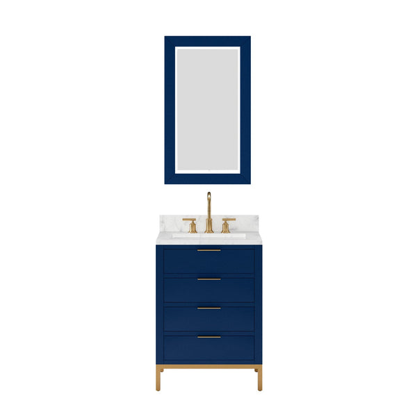 Water Creation BR24CW06MB-R21000000 BRISTOL 24W x 34H Monarch Blue Single-Sink Vanity with Carrara White Marble Countertop + Rectangular Mirror (S)