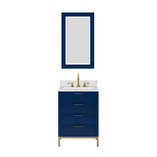 Water Creation BR24CW06MB-R21TL1206 BRISTOL 24W x 34H Monarch Blue Single-Sink Vanity with Carrara White Marble Countertop + Satin Gold Hook Faucet and Rectangular Mirror (S)