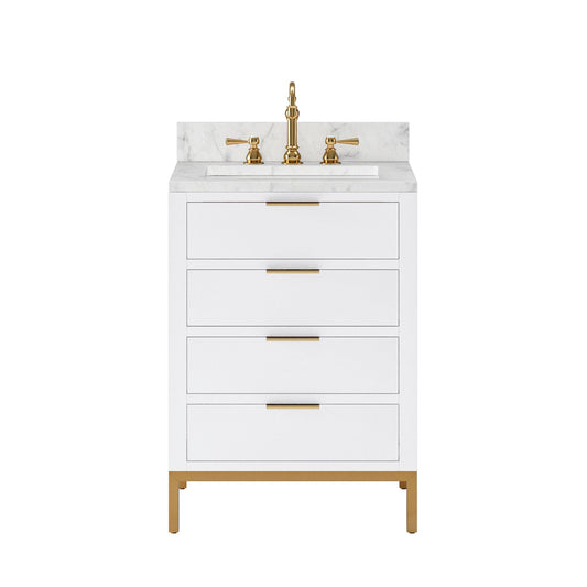 Water Creation BR24CW06PW-000000000 BRISTOL 24"W x 34"H Pure White Single-Sink Vanity with Carrara White Marble Countertop (Vanity Only)