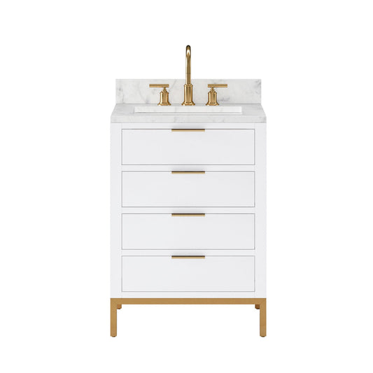 Water Creation BR24CW06PW-000BL1406 BRISTOL 24"W x 34"H Pure White Single-Sink Vanity with Carrara White Marble Countertop + Satin Gold Gooseneck Faucet