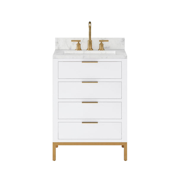 Water Creation BR24CW06PW-000BL1406 BRISTOL 24W x 34H Pure White Single-Sink Vanity with Carrara White Marble Countertop + Satin Gold Gooseneck Faucet