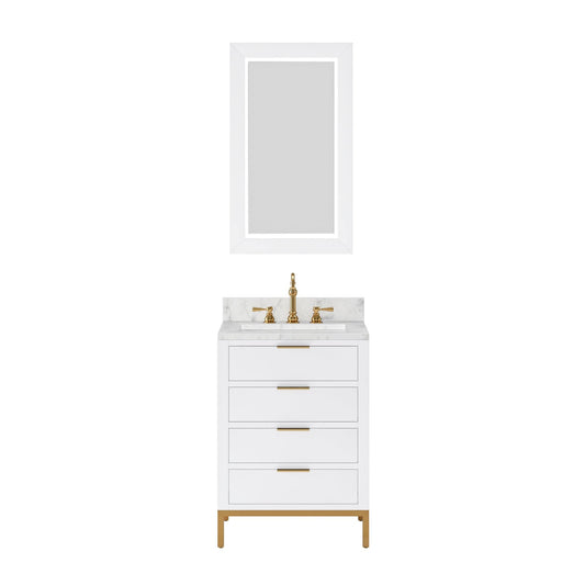 Water Creation BR24CW06PW-R21000000 BRISTOL 24"W x 34"H Pure White Single-Sink Vanity with Carrara White Marble Countertop + Rectangular Mirror (S)