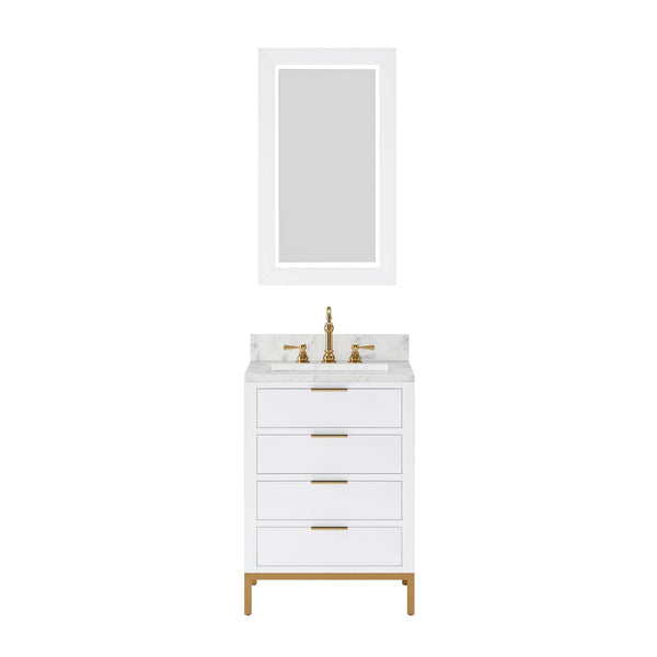 Water Creation BR24CW06PW-R21TL1206 BRISTOL 24W x 34H Pure White Single-Sink Vanity with Carrara White Marble Countertop + Satin Gold Hook Faucet and Rectangular Mirror (S)