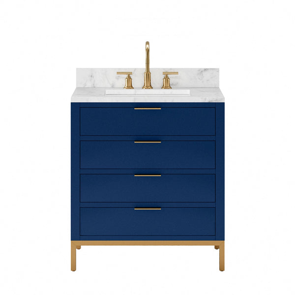 Water Creation BR30CW06MB-000BL1406 BRISTOL 30W x 34H Monarch Blue Single-Sink Vanity with Carrara White Marble Countertop + Satin Gold Gooseneck Faucet