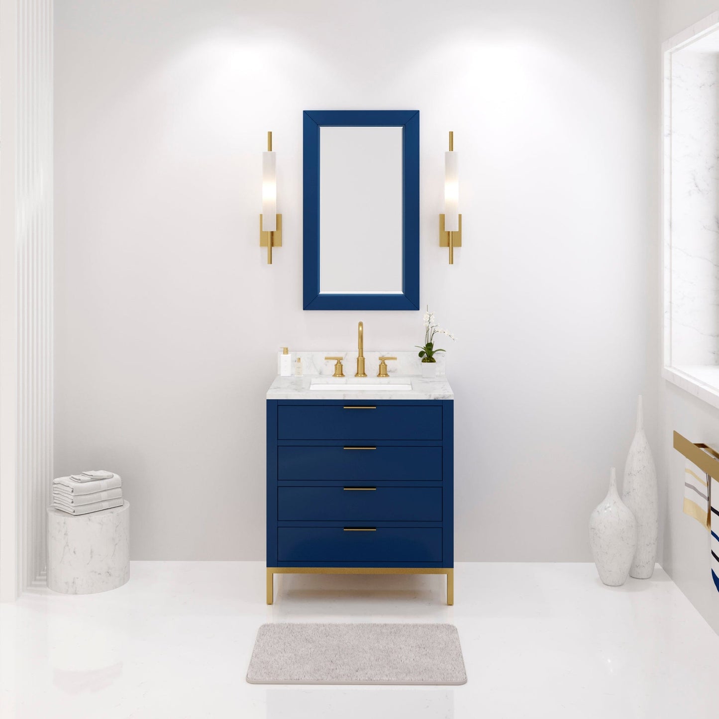 Water Creation BR30CW06MB-000BL1406 BRISTOL 30"W x 34"H Monarch Blue Single-Sink Vanity with Carrara White Marble Countertop + Satin Gold Gooseneck Faucet