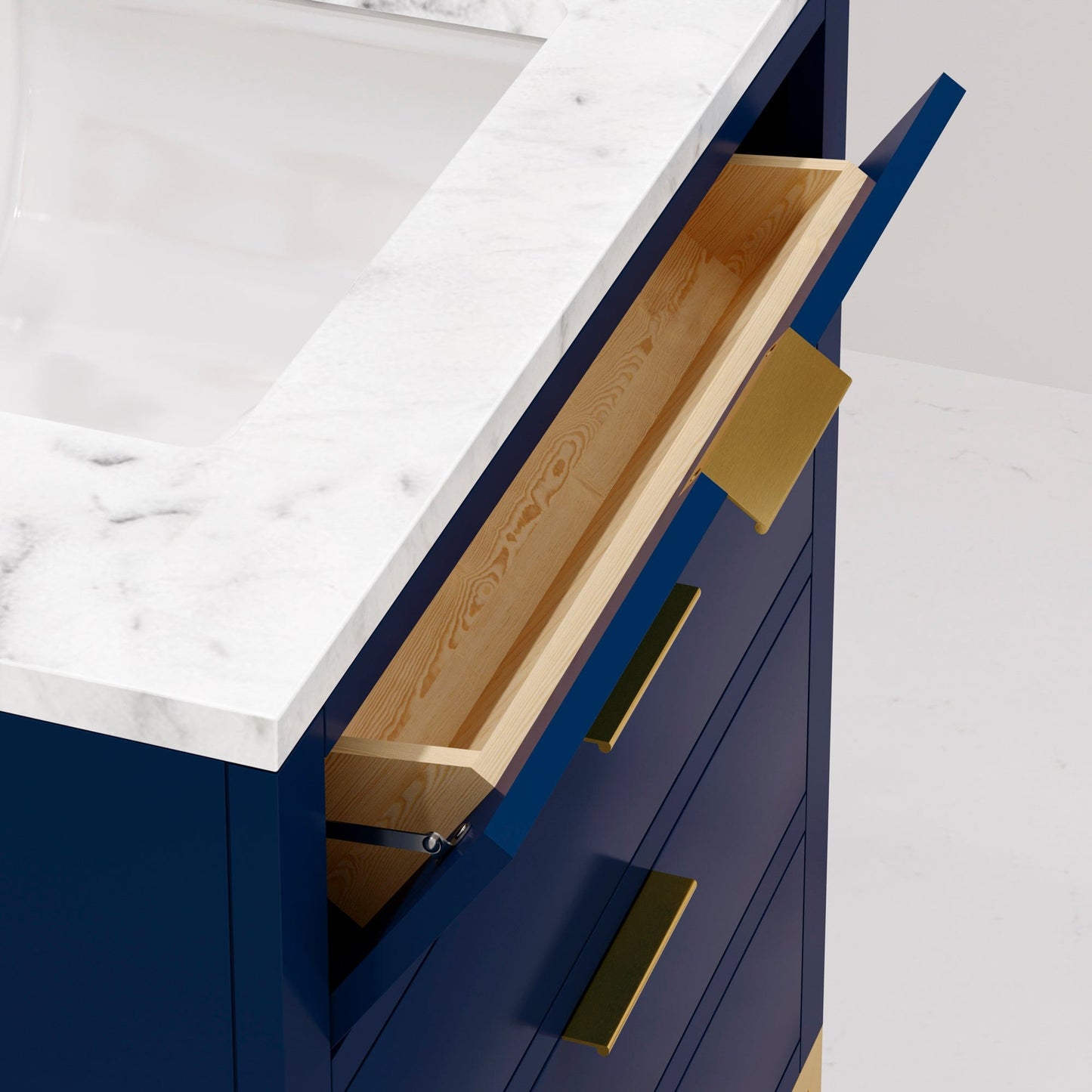 Water Creation BR30CW06MB-000BL1406 BRISTOL 30"W x 34"H Monarch Blue Single-Sink Vanity with Carrara White Marble Countertop + Satin Gold Gooseneck Faucet